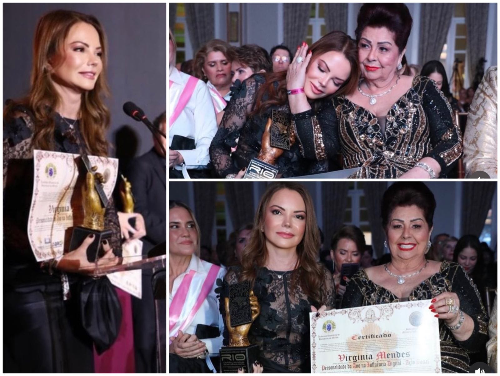 Virgínia Mendes recebe prêmio de baixo impacto ao lado da empresária Idê Guimarães em evento no Copacabana Palace