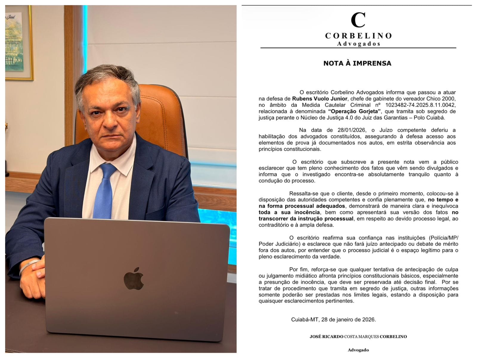 Advogado José Ricardo Corbelino assume defesa de Rubens Vuolo Junior na Operação Gorjeta