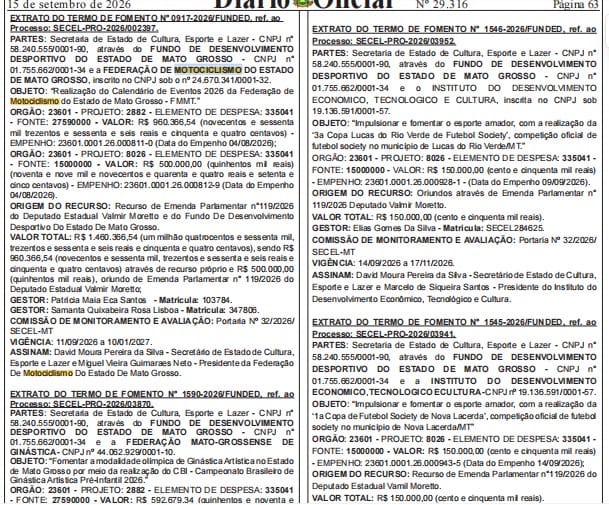 Governo destina R$ 3,35 milhões a motociclismo, ginástica e futebol society