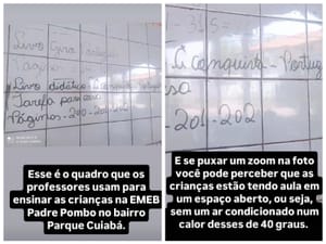 Influencer Giselly Fortes denuncia caos na educação municipal: crianças têm aula sem ar-condicionado e professores escrevem nas paredes na EMEB Padre Pombo, em Cuiabá