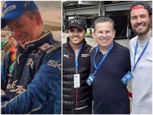 No GP Brasil de F1, Mauro Mendes surge ao lado do filho, o empresário Luís Antônio Taveira Mendes, e de Filipe Pitz, genro de Cidinho Santos diretor-presidente da Nova Rota do Oeste