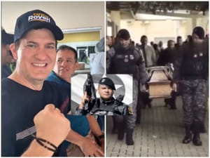 Enquanto a PM chorava no velório do sargento Duca, o secretário de Segurança Pública Roveri estava em uma festa com boné de pré-candidatura a deputado federal